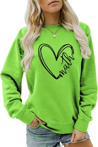 Detail of neon green crewneck sweatshirt featuring a black heart and math print