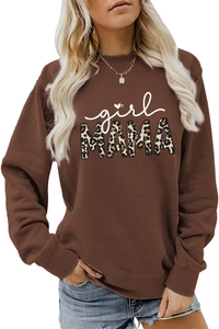 Close-up of girl MAMA leopard print text on brown casual crewneck sweatshirt