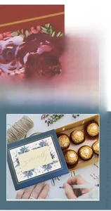 Deep blue candy box with gold floral motifs and Ferrero chocolates detail view