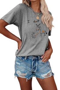 Detail of grey crewneck T-shirt with cartoon mouse and donkey print and denim shorts