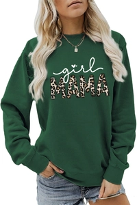 Detail of dark green sweatshirt featuring white girl script and leopard print MAMA text