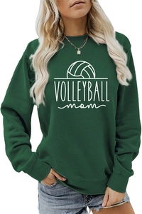 Detail of volleyball mom print on dark green long sleeve crewneck sweatshirt