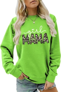 Close-up detail of neon green Mama sweatshirt with leopard print text and girl script