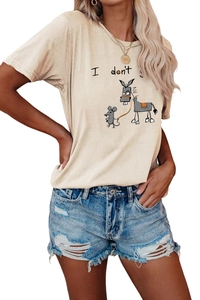 Detail of light beige t-shirt with mouse and donkey cartoon print and denim shorts