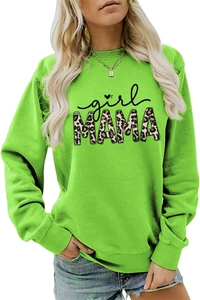 Detail of neon green crewneck sweatshirt with leopard print girl MAMA graphic