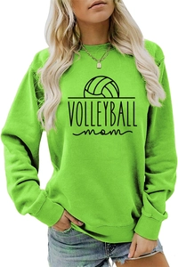 Detail of neon green volleyball mom sweatshirt with black graphic print and crew neck