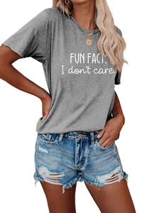 Close-up of the Fun Fact I Don't Care letter print on grey casual cotton T-shirt