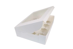 Detailansicht der weißen 12er-Cupcake-Box mit Wellenfenster und Pappeinsatz