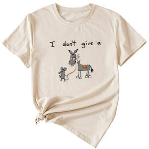 Detail of beige cotton T-shirt featuring a funny mouse and donkey graphic with a side knot
