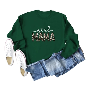 Detail of girl MAMA print with leopard pattern on dark green crewneck sweatshirt