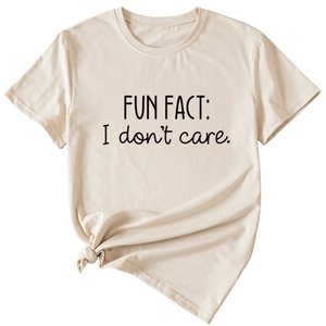 Detail of soft beige cotton t-shirt featuring Fun Fact I Don't Care slogan print