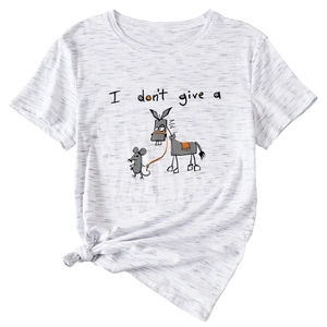 Detail of grey heather t-shirt with funny mouse graphic and side knot styling