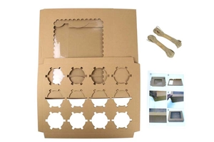 Detaillierte Komponenten der 12er Kraftpapier-Cupcake-Box mit Fenster und Naturkordel