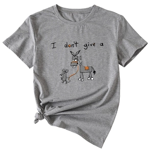 Detail of grey crewneck T-shirt with 'I don't give a' mouse and donkey print