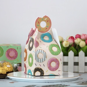 European donut gift box with colorful patterns and creative handle for bakery packaging