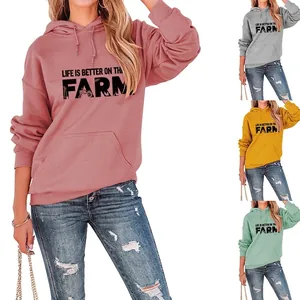 Women Casual Cotton Blend Hoodie Life Is Better On The Farm Letter Print Hooded Sweatshirt With Kangaroo Pocket Top