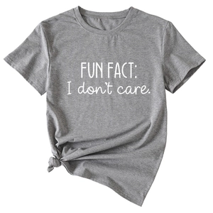 Detail of grey crewneck T-shirt with FUN FACT I don't care text and side knot design