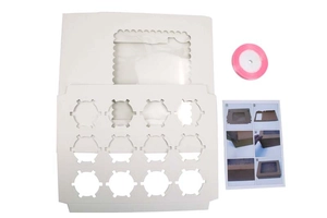 Detaillierte Komponenten der weißen 12er-Cupcake-Box mit Fenster, Einsatz und rosa Band