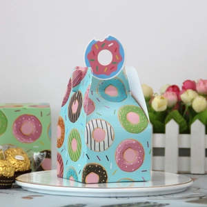 European style donut gift box with colorful patterns and unique hollow donut handle design