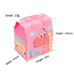 Pink dinosaur candy box for baby birthday with rope handle and happy birthday text
