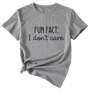 Detail of grey Fun Fact I Don't Care slogan t-shirt with stylish front knot hem design