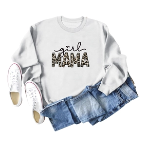 Detail of girl MAMA leopard print graphic on light gray crewneck long sleeve sweatshirt
