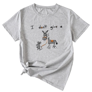 Detail of grey crewneck t-shirt featuring cartoon mouse and donkey graphic print