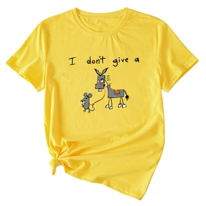 Detail of yellow cotton t-shirt featuring cartoon animal print and side knot design