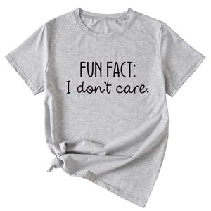 Detail of grey cotton blend t-shirt featuring fun fact print and stylish side knot detail