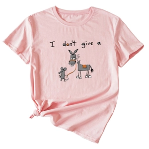 Detail of light pink T-shirt featuring cartoon print and stylish side knot hem design