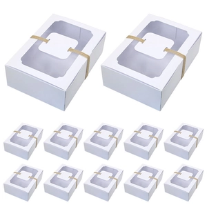 White cardboard cake box with PVC window and jute twine for bakery gift packaging
