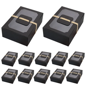 Large black kraft paper cake box with clear PVC window and hemp rope tag set of 12