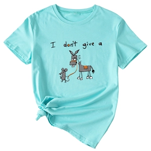 Detail of mint green T-shirt featuring funny rat and donkey print with a stylish knotted hem