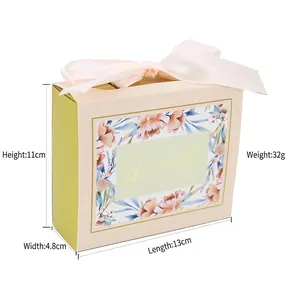 Floral drawer candy gift box with pink ribbon handle for weddings, size 13x11x4.8cm