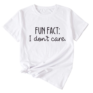 Close-up of white cotton t-shirt with black FUN FACT print and stylish front knot detail