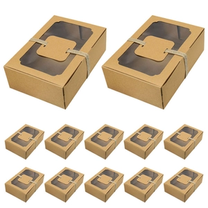 Brown kraft paper cake boxes with PVC windows, twine, and tags in a 12-piece bulk set