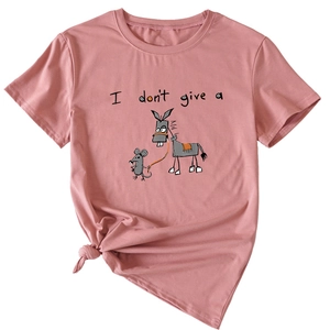Pink crew neck t-shirt with funny cartoon graphics and front knot detail for women