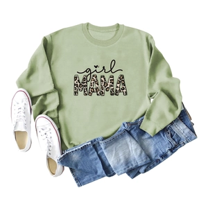 Women's casual light green crewneck sweatshirt with girl MAMA leopard print design