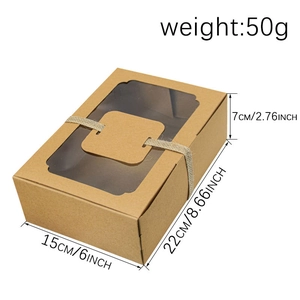 Large kraft paper cake box with PVC window and jute twine, size 22x15x7cm