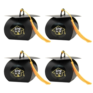 Black graduation cap favor boxes with golden tassels and Way to Go stickers set of 4