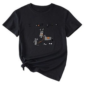 Close-up of funny donkey and mouse graphic print on black cotton knot-front T-shirt