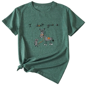 Detail of green T-shirt with 'I don't give a' mouse and donkey graphic and side knot