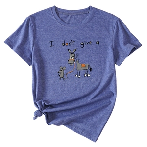 Close-up of blue heather t-shirt featuring I don't give a slogan and knotted hem detail