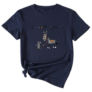 Detail of navy blue cotton T-shirt featuring funny animal print and side knot design