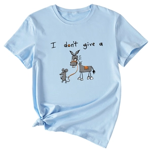 Detail of light blue cotton T-shirt featuring cartoon mouse print and knot design
