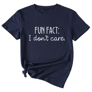 Detail of navy blue t-shirt featuring white FUN FACT I don't care slogan print