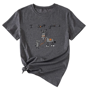 Detail of dark grey T-shirt featuring rat and donkey graphic with a stylish front side knot