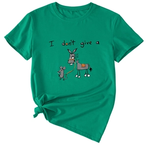 Detail of green T-shirt featuring funny animal print and knotted hem design