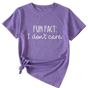 Detail of purple cotton T-shirt featuring 'I don't care' text and stylish side knot design