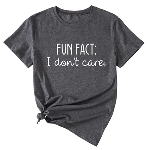 Detail of grey marl t-shirt featuring Fun Fact I don't care text print and front hem knot